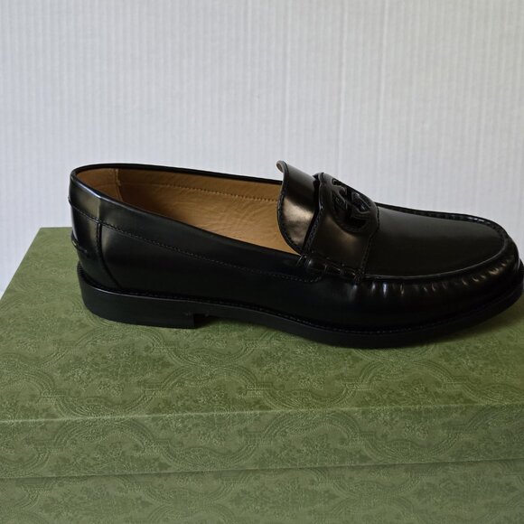 NIB Gucci Millennial Ribot interlocking G black leather loafers- G 10.5 US 11.5 - Picture 5 of 10